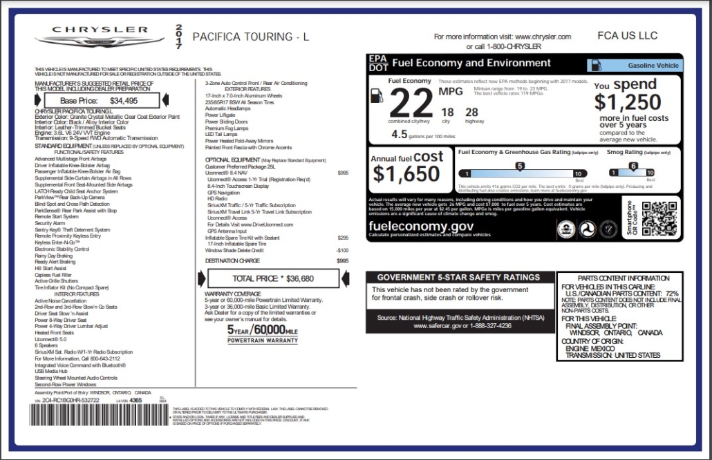 chrysler window sticker